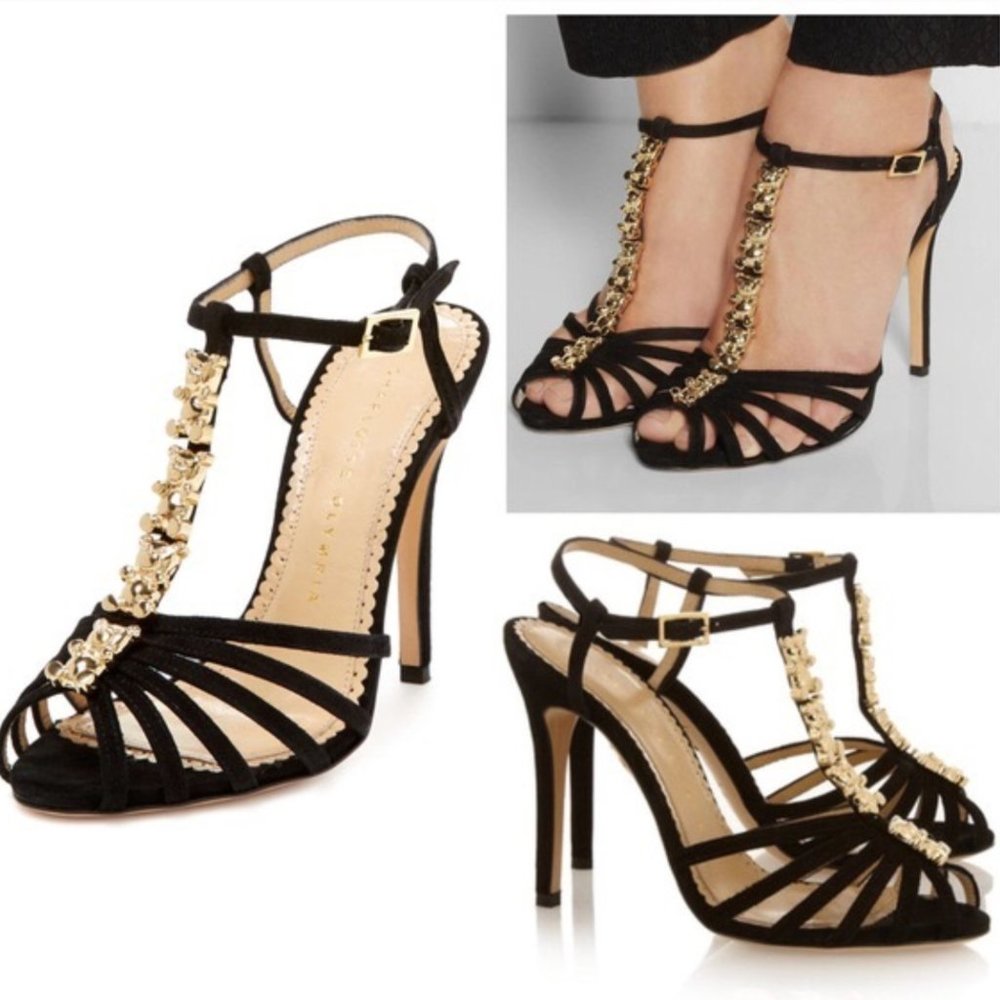 Charlotte Olympia black suede heels with gold gummi bears! great for HOLIDAYS!
